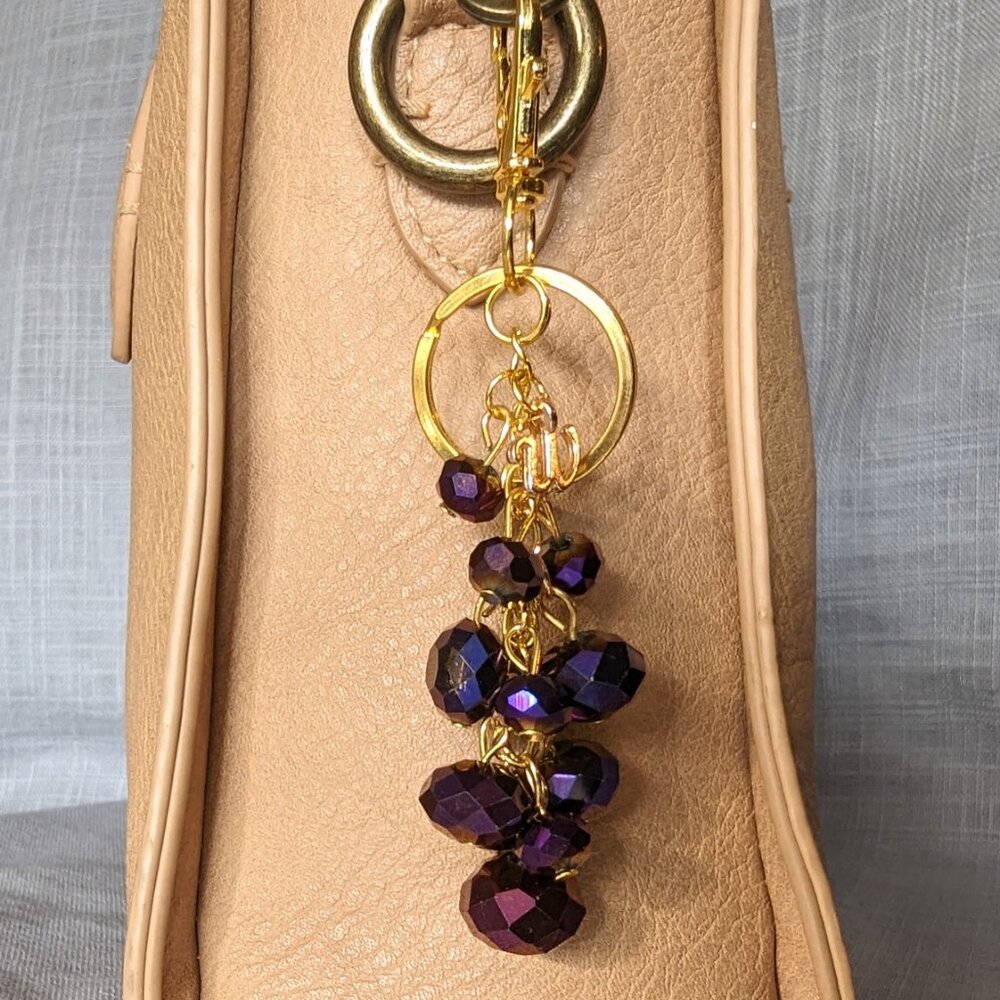 PLUM PURPLE/ GOLD BEADED BAG CHARM PERSONALIZED LETTER W CHARM FOR PURSE OR TOTE
